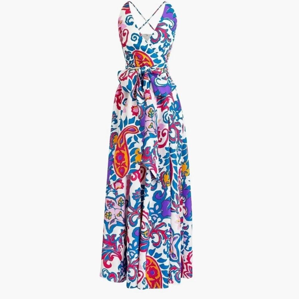 NWT NEW J.Crew Silk V-Neck Maxi Dress in Aja Ivory Painted Paisley Tie Waist - Picture 4 of 13